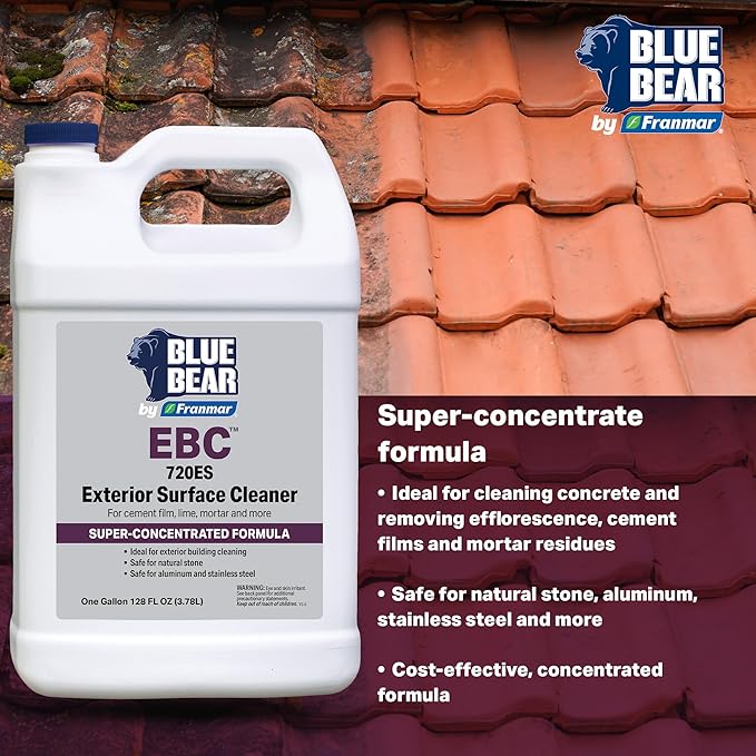 BLUE BEAR 720ES: Exterior Surface Cleaner – Biodegradable Fruit Acid Formula Removes Efflorescence, Cement Film, Moss, Algae & Dirt – Safe for Concrete, Stucco & Stone – 1 Gal