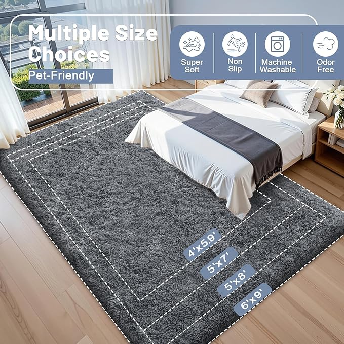 OLANLY 5x6 Area Rugs for Living Room Bedroom, Machine Washable Soft Fluffy Shaggy Bedside Rug, Indoor Floor Carpet for Kids Girls and Boys, Dorms, Nursery Rooms, Home Decor Aesthetic, Grey