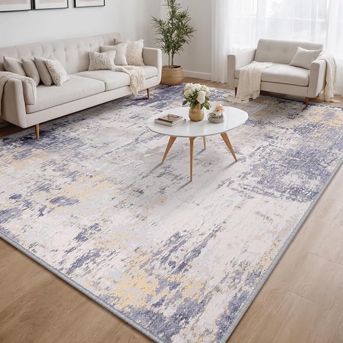 RELEANY Washable Area Rugs 5'x7' Non-Slip Modern Abstract Soft for Living Room Entryway Bedroom Nursery, Print Pattern, Purple Grey Cream Yellow