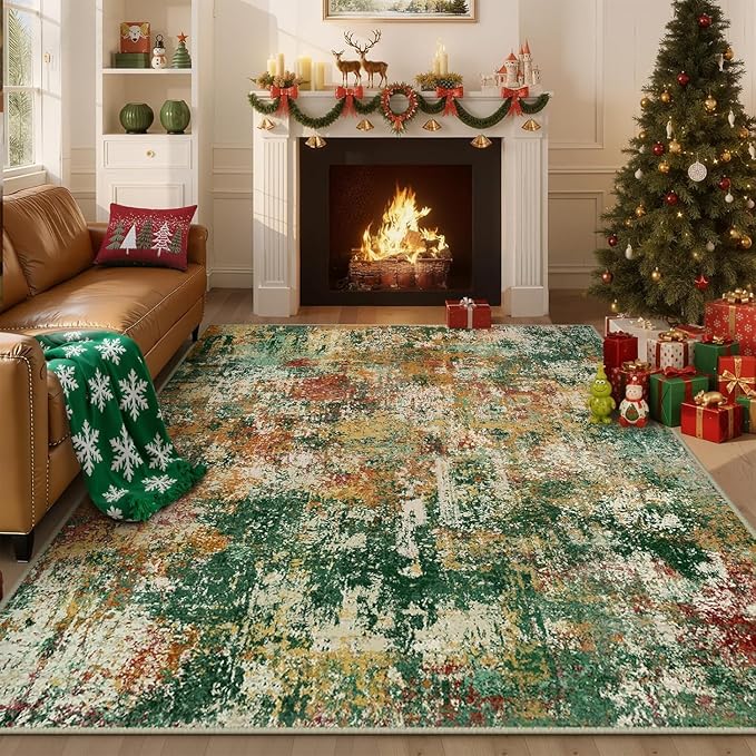 RELEANY Washable Area Rugs 2'x3' Non-Slip Modern Abstract Soft for Living Room Entryway Bedroom Nursery, Print Pattern, Green Orange Rust Red Cream Colorful