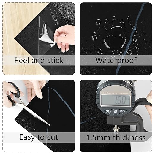 Wallercity Matte Black Marble Peel and Stick Floor Tile 12x12 Inch Self Adhesive Waterproof Vinyl Flooring Sheets for Living Room Bathroom Stick on Floor Tile Stickers for Kitchen Room Basement 5PCS