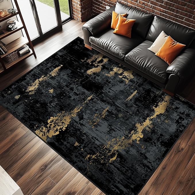 RELEANY Washable Area Rugs 5'x8' Non-Slip Modern Abstract Soft for Living Room Entryway Bedroom Nursery, Print Pattern, Dark Black Gold