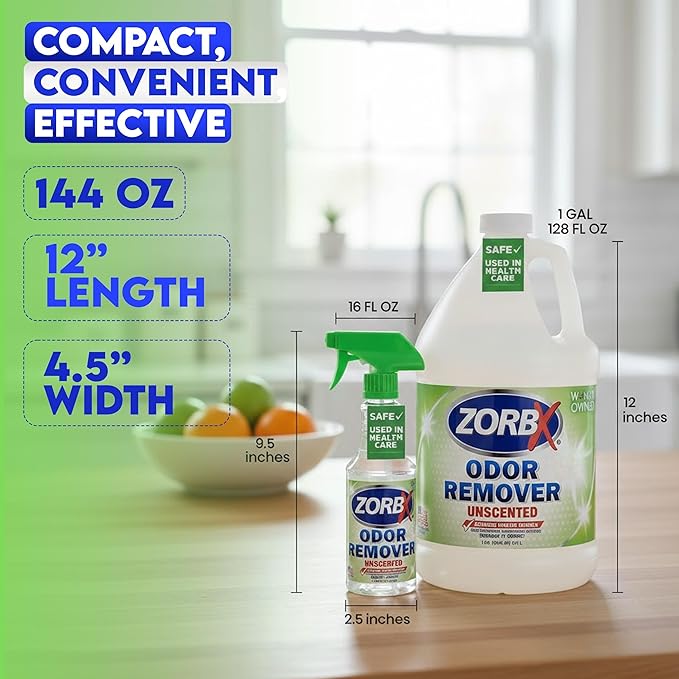 ZORBX Unscented Odor Eliminator for Strong Odor 16 Oz + 128 Oz - Used in Hospitals & Healthcare Facilities - Advanced Trusted Formula, Fast-Acting Odor Remover Spray for Dog, Cat, House & Carpet