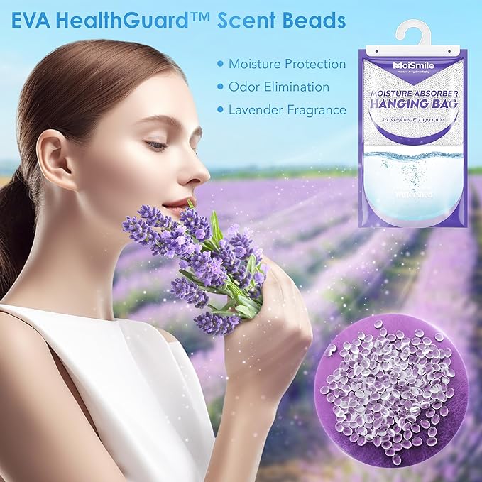 Hanging Moisture Absorbers 6 Pack Net Wt. 17.5oz/Pack, Lavender Fragrance Closet Dehumidifier Bags, Odor Eliminator & Humidity Absorber, Humidity Packs for Bathroom, Bedroom, Basement, Car, RV & Boat