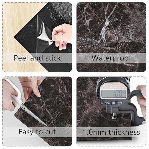 Wallercity Marble Peel and Stick Floor Tile Easy to Clean Waterproof Flooring for Kitchen Bathroom Bedroom Light Balck Vinyl Flooring Self Adhesive Floor Tile Stickers Durable Removable Tiles 18PCS