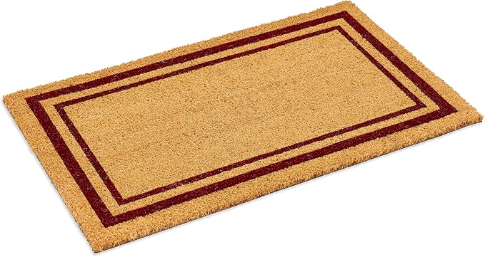 Ecomills Red Border Coco Coir Doormat, 18" x 30" - Natural Coconut Fiber Welcome Mat for Front Door - Non-Slip, Heavy Duty Outdoor Indoor Entryway - Scrapes Shoes Clean