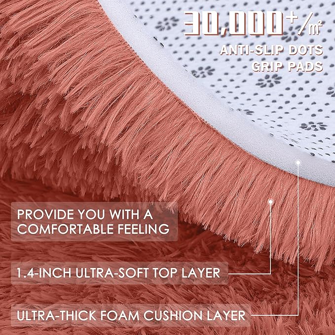 OLANLY 3x5 Machine Washable Small Bedside Rug, Soft Fluffy Shaggy Rugs for Living Room, Bedroom, Indoor Floor Carpet for Kids Girls and Boys, Preppy Dorms, Nursery, Home Decor Aesthetic, Rust Red