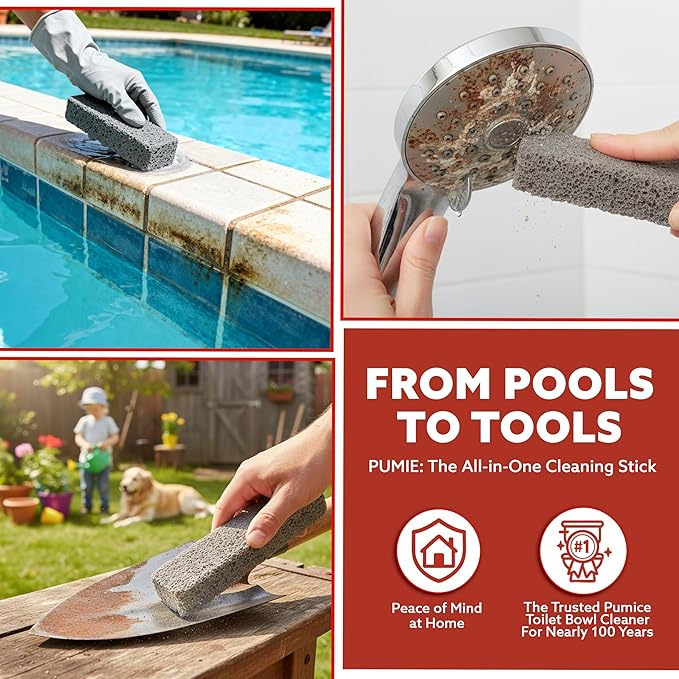 PUMIE Heavy Duty Pumice Scouring Stick (4 Pack) - Extra Strong Pumice Cleaning Stone for Bathroom, Kitchen, Grill - Scouring Stick for Cleaning Pool, Rust, Stains & Hard Water Rings