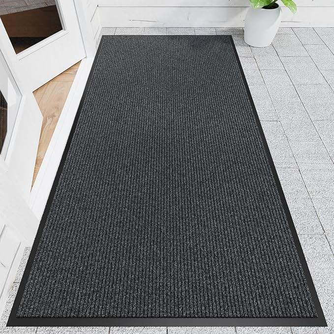 Front Door Mat, 4' x 8' Heavy Duty Indoor Outdoor Doomat, Commercial Industry Rugs with Rubber Backing, Non-Slip Low Profile Welcome Entry Mat for Patio, Home, Grey
