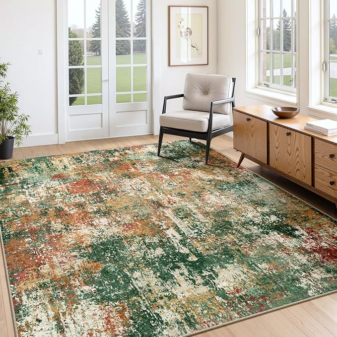 RELEANY Washable Area Rugs 6'x8' Non-Slip Modern Abstract Soft for Living Room Entryway Bedroom Nursery, Print Pattern, Green Orange Rust Red Cream Colorful