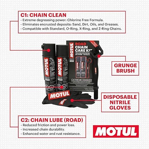 Motul C1 Chain Cleaner and C2 Motorcycle Chain Lube Kit with Brush, Gloves, and Sticker, Complete Road Motorcycle Maintenance Kit for Street Bikes and Karts