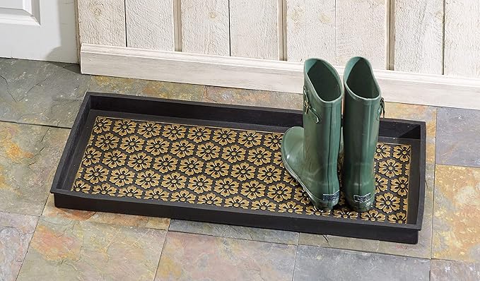 HF by LT Layla Design Deluxe Rubber Boot-Tray, 34 x 14 inches, Heavy Duty Vulcanized Rubber, One-Piece Seamless Construction, Year Round Use Indoors or Outdoors, Black with Brushed Brass Finish