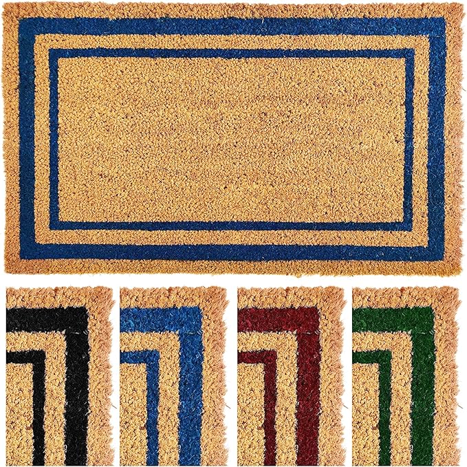 Ecomills Blue Border Coco Coir Doormat, 24" x 60" - Natural Coconut Fiber Welcome Mat for Front Door - Non-Slip, Heavy Duty Outdoor Indoor Entryway - Scrapes Shoes Clean