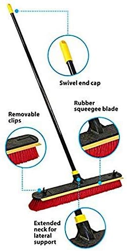 Quickie 24-Inch Knockdown 2-in-1 Multi-Surface Push Broom with Squeegee, Black/Red (6352ZQK)