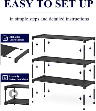 3-Tier Shoe Rack Organizer – Stackable Non-Woven Shoe Shelf, 27.5” Wide Shoe Storage for Closet, Entryway, Garage & Corridor – Space-Saving Shoe Shelves – Includes Shoe Brush & Shoe Horn, Black