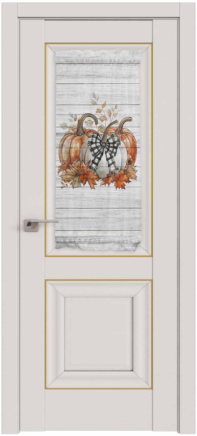 French Door Curtain Panel for Front Door, Plaid Bow White Pumpkin Maple Wood Grain Slidelight Door Curtains with Tieback Light Filtering Privacy Panels for Doorway Entryway 25"x 40"