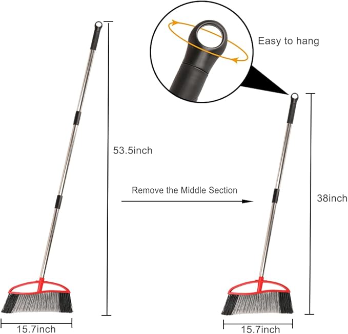 Commercial Heavy Duty Outdoor Broom, 15.7" Extra Wide Angle Broom with 4-Layer Stiff Bristles, Adjustable 38-53.5" Handle for Patio Garage Garden Yard Concrete (Red)