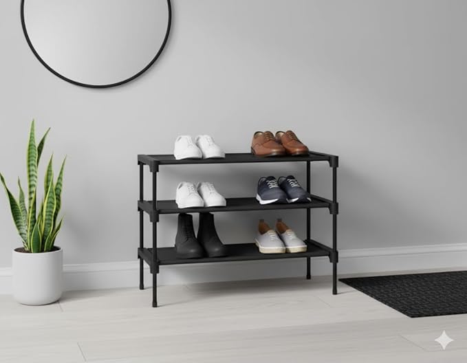 Shoe Rack Organizer 3-Tier – Stackable Black Metal Shoe Shelf for Closet, Entryway & Garage, Durable 3 Layer Shoe Storage Stand with Cleaning Brush & Shoe Horn Included