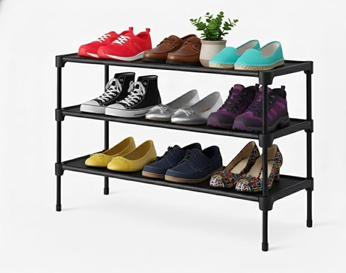 Shoe Shelf- 3 Tier Shoe Rack Stackable with Shoe Brush & Ergonomic Shoe Horn – Space-Saving Shoe Organizer for Entryway, Hallway, Closet or Wardrobe – Complete Shoe Care & Storage Set (Black)