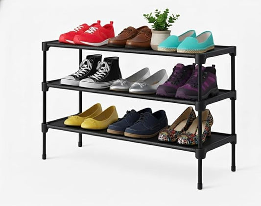 Shoe Shelf- 3 Tier Shoe Rack Stackable with Shoe Brush & Ergonomic Shoe Horn – Space-Saving Shoe Organizer for Entryway, Hallway, Closet or Wardrobe – Complete Shoe Care & Storage Set (Black)