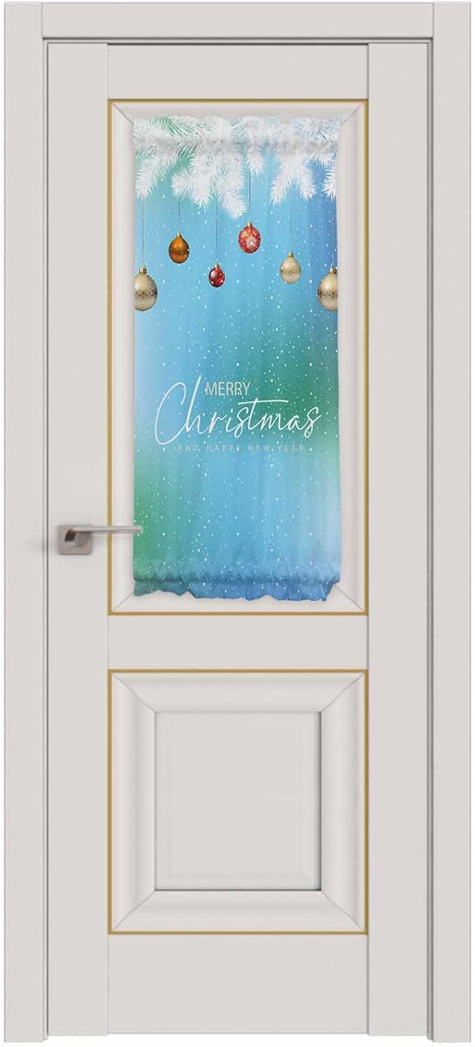 Christmas French Door Curtain Panel for Front Door, Blue Green Gradient White Pine Needle Xmas Balls Slidelight Door Curtains with Tieback Light Filtering Privacy Panels for Doorway Entryway 25"x 40"