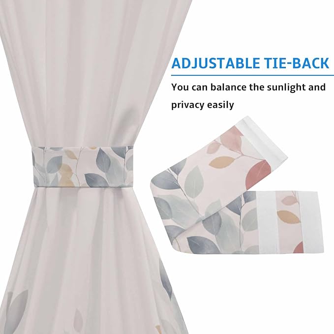French Door Curtain Panel for Front Door, Colored Plant Leaves Beige Rural Style Slidelight Door Curtains with Tieback Light Filtering Privacy Panels for Doorway Entryway 25"x 40"