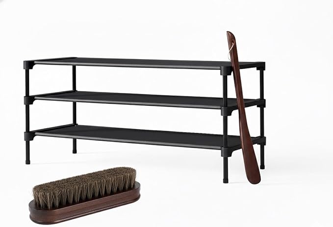 Shoe Rack Organizer 3-Tier – Stackable Black Metal Shoe Shelf for Closet, Entryway & Garage, Durable 3 Layer Shoe Storage Stand with Cleaning Brush & Shoe Horn Included
