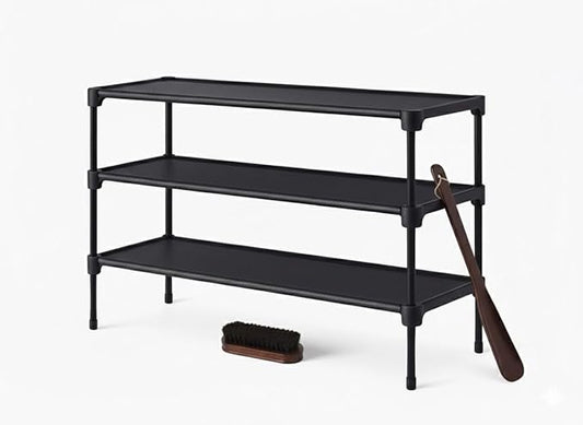 Shoe Rack Organizer 3-Tier – Stackable Black Metal Shoe Shelf for Closet, Entryway & Garage, Durable 3 Layer Shoe Storage Stand with Cleaning Brush & Shoe Horn Included