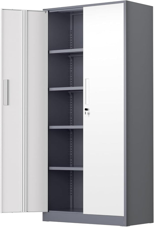 Bonusall 72" Metal Garage Storage Cabinet， Heavy-Duty Steel Cabinet with 2 Locking Doors & 4 Adjustable Shelves for Home, Office, or Workshop Organization(White Grey)
