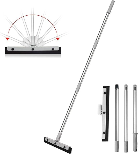 DrDirt Floor Squeegee with 14-Inch Swivel Head | 50-Inch Stainless Steel Handle and Replaceable Dual Foam Blades | Water Broom & pet Hair Remover | Ideal for Garage Tiles & Carpets