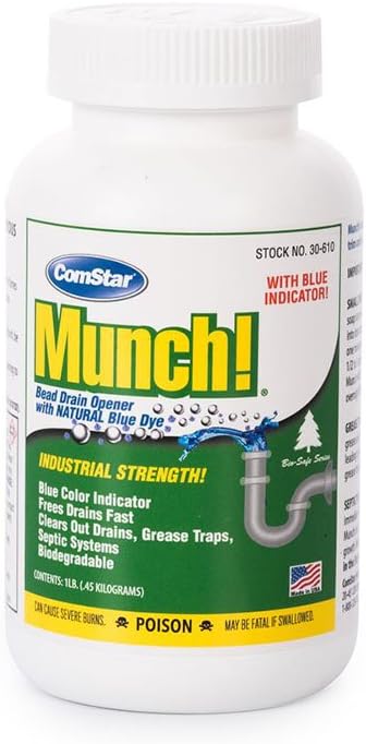 ComStar Munch, 1 Pound, Industrial-Strength Cold-Water Activated Bead Drain Opener, Clear Clogged & Slow Drains, Grease Traps, Septic Systems, Made in USA (30-610)