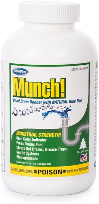 ComStar Munch, 2 Pound, Industrial-Strength Cold-Water Activated Bead Drain Opener, Clear Clogged & Slow Drains, Grease Traps, Septic Systems, Made in USA (30-611)