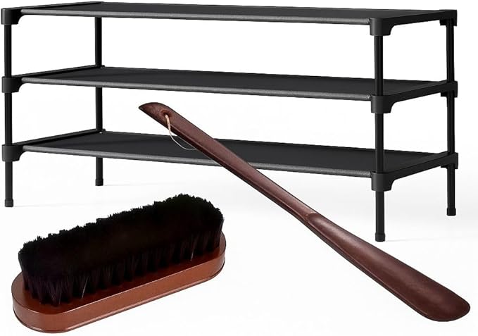 Shoe Shelf – 3 Tier Shoe Rack Stackable with Shoe Brush & Ergonomic Shoe Horn, Space-Saving Shoe Organizer for Entryway, Hallway, Closet & Wardrobe – Complete Shoe Care Set (Black)