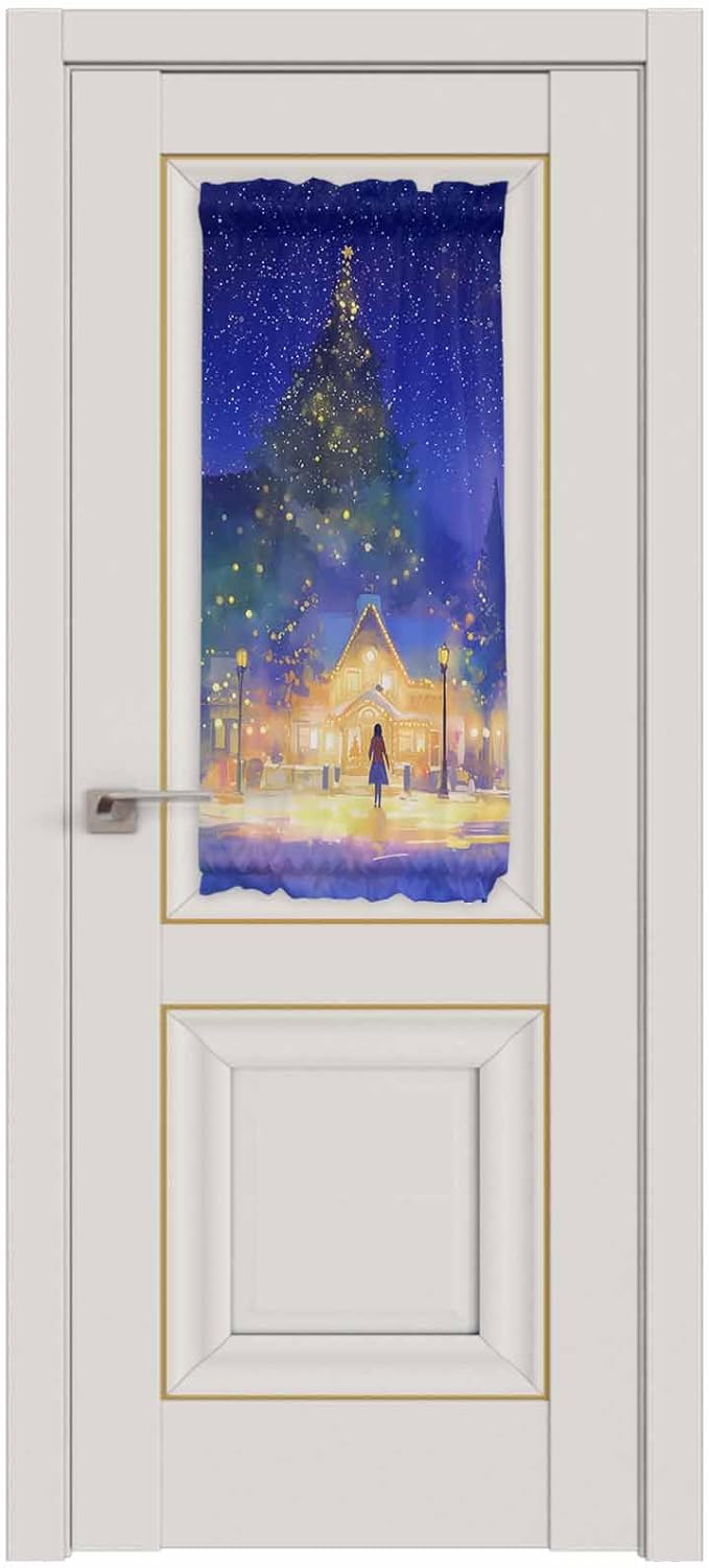 Christmas French Door Curtain Panel for Front Door, Watercolor House Xmas Tree Snowy Night Slidelight Door Curtains with Tieback Light Filtering Privacy Panels for Doorway Entryway 25"x 40"