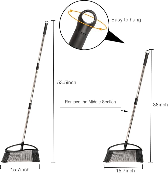 Heavy Duty Outdoor Broom - 15.7" Wide Broom with Long Adjustable Handle & Stiff Bristles for Patio, Garage, Yard, Garden (Black)