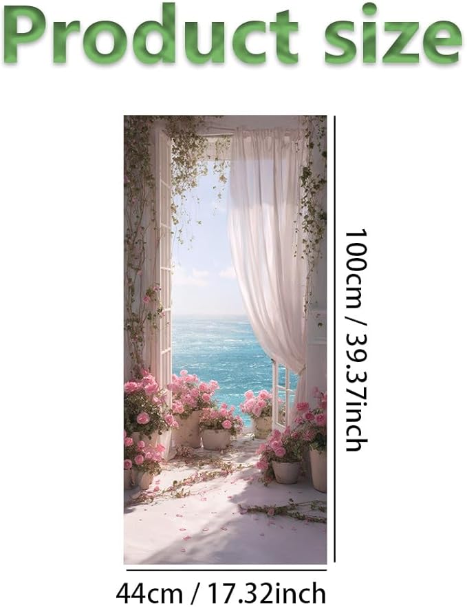 Window Privacy Film 17x39 Inch Coastal Balcony with Flowers and Ocean View Decorative Window Privacy Film Peel and Stick Static Cling for Glass Door and Home Windows