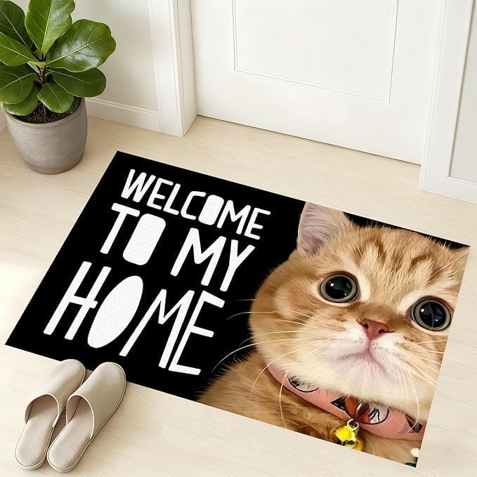 Cat Pattern Area Rug for Kitchen Bathroom Entryway Cute Kitten Rug 3D Printing Animal Doormat ''Weclom to My Home'' Print Floor Mat Small Kitten Cat Lovers Throw Rug for Home Decor 16in *24in