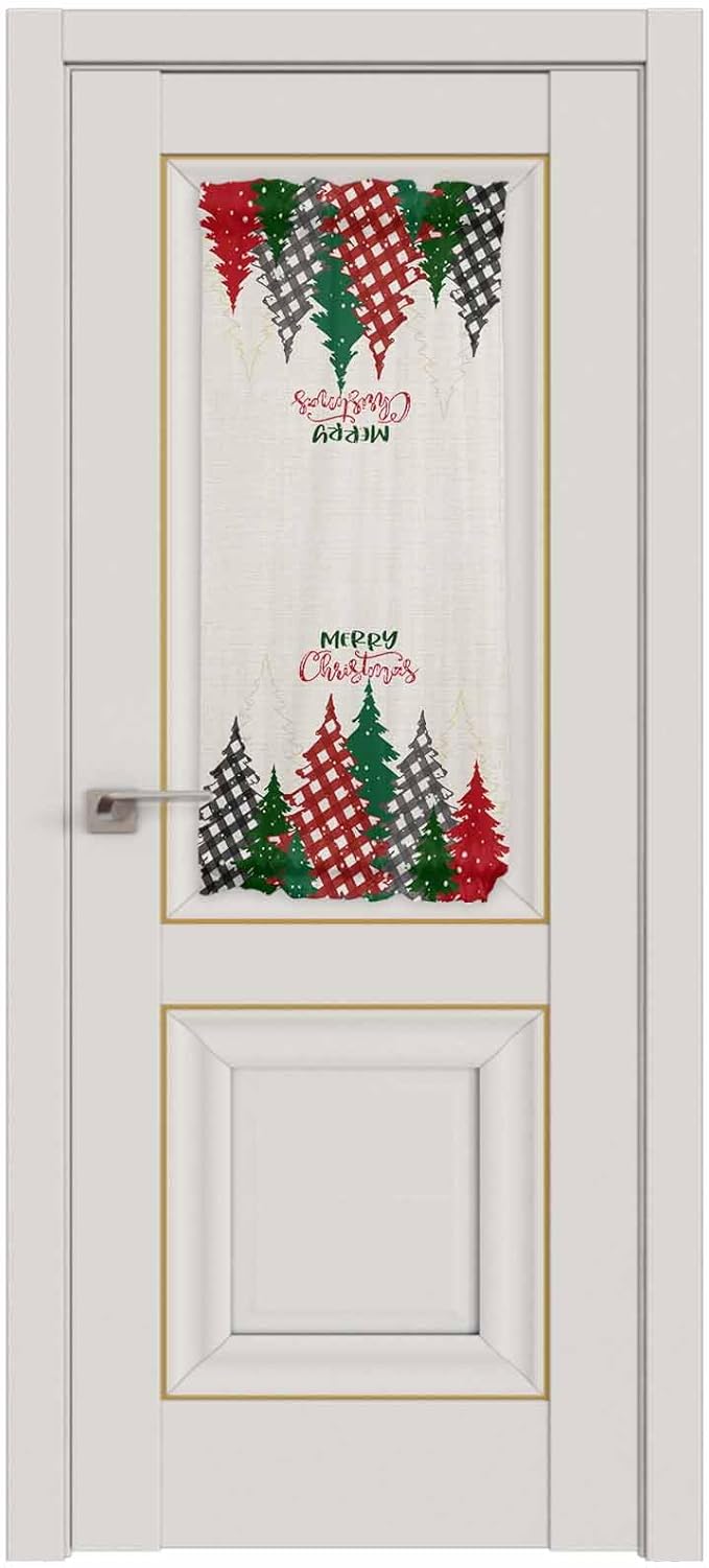 Christmas French Door Curtain Panel for Front Door, Red Gray Plaid Xmas Trees Vintage Beige Slidelight Door Curtains with Tieback Light Filtering Privacy Panels for Doorway Entryway 25"x 40"