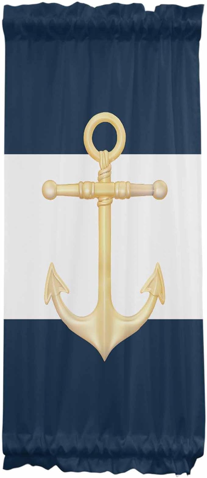 French Door Curtain Panel for Front Door, Gold Anchor Navy Blue White Navigation Slidelight Door Curtains with Tieback Light Filtering Privacy Panels for Doorway Entryway 25"x 40"