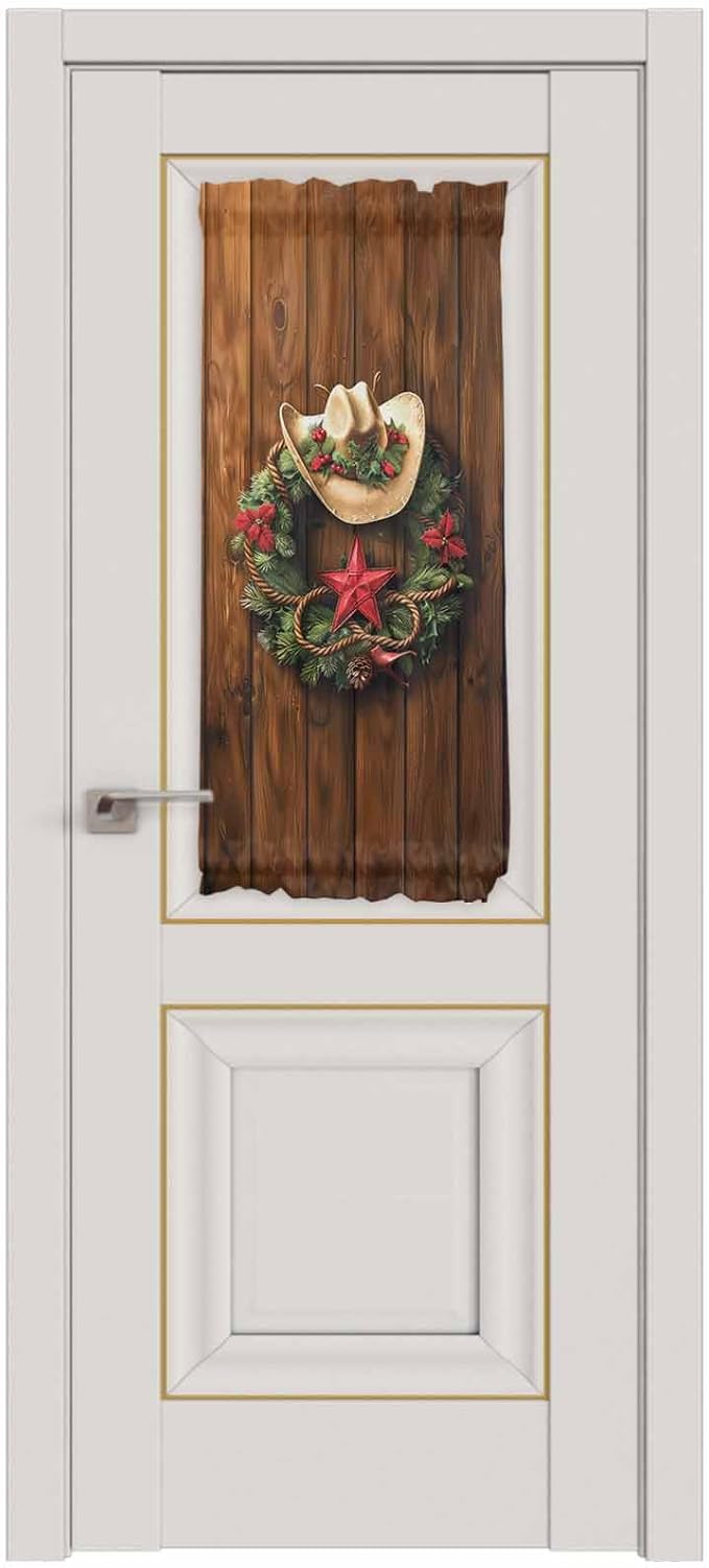 Christmas French Door Curtain Panel for Front Door, Dark Brown Wood Texture Christmas Wreath Cowboy Hat Slidelight Door Curtains with Tieback Light Filtering Privacy Panels for Entryway 25"x 40"