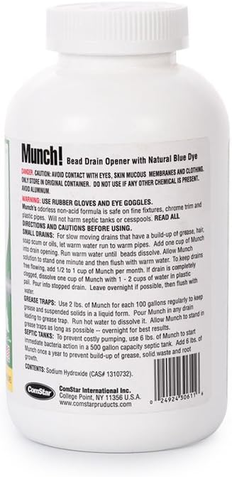 ComStar Munch, 2 Pound, Industrial-Strength Cold-Water Activated Bead Drain Opener, Clear Clogged & Slow Drains, Grease Traps, Septic Systems, Made in USA (30-611)