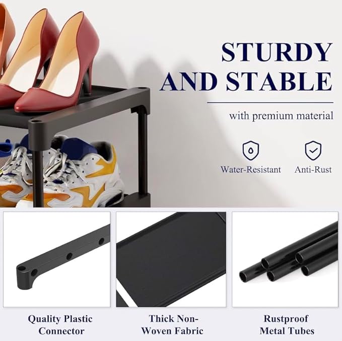 Shoe Shelf- 3 Tier Shoe Rack Stackable with Shoe Brush & Ergonomic Shoe Horn – Space-Saving Shoe Organizer for Entryway, Hallway, Closet or Wardrobe – Complete Shoe Care & Storage Set (Black)