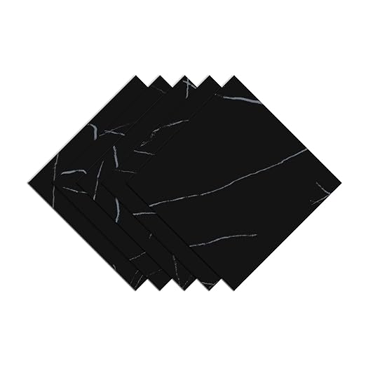 Wallercity Matte Black Marble Peel and Stick Floor Tile 12x12 Inch Self Adhesive Waterproof Vinyl Flooring Sheets for Living Room Bathroom Stick on Floor Tile Stickers for Kitchen Room Basement 5PCS