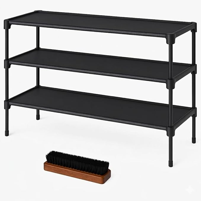 PRINCKY Store - 3-Tier Shoe Rack Organizer Bundle with Wooden Shoe Horn and Cleaning Brush, Compact Free-Standing Shoe Shelf for Closet, Entryway and Dorm, Space Saving Design, Black