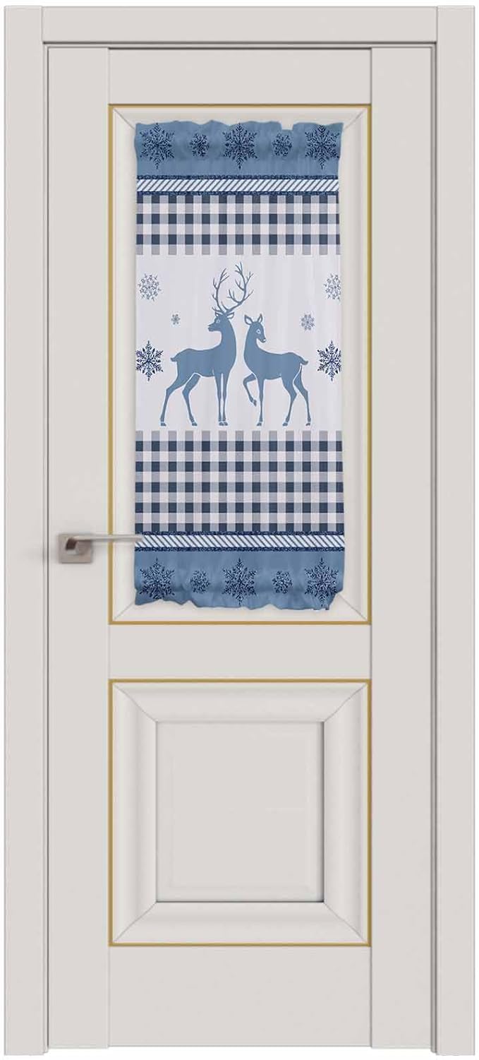 Christmas French Door Curtain Panel for Front Door, Steel Blue Xmas Deer Silhouette Plaid Snowflakes Slidelight Door Curtains with Tieback Light Filtering Privacy Panels for Doorway Entryway 25"x 40"