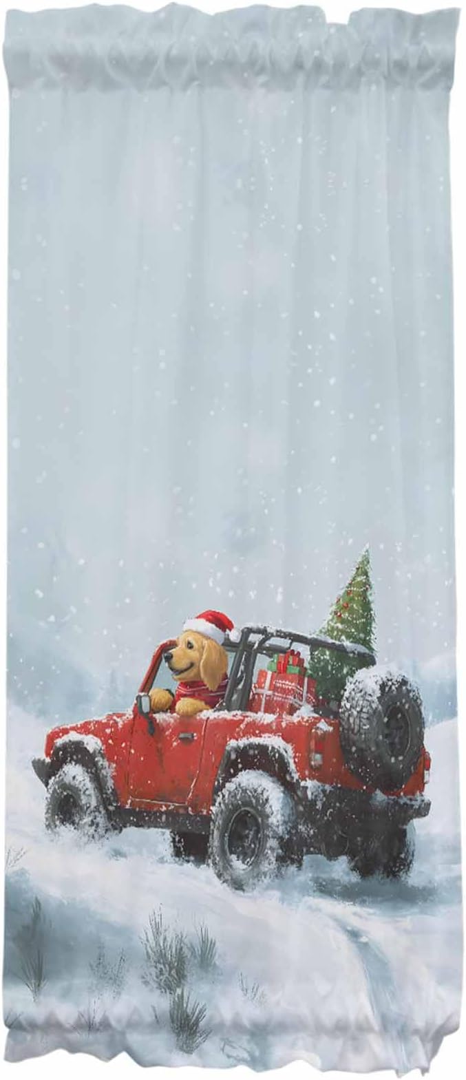 Christmas French Door Curtain Panel for Front Door, Merry Christmas Tree Red Truck Dog Winter Snow Slidelight Door Curtains with Tieback Light Filtering Privacy Panels for Doorway Entryway 25"x 40"
