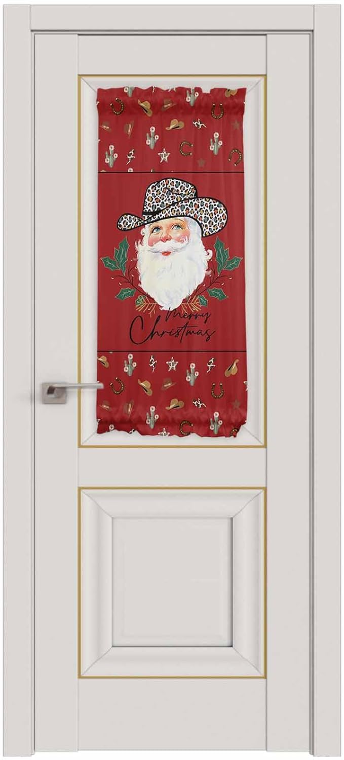 Christmas French Door Curtain Panel for Front Door, Red Leopard Cow Cowboy Hat Santa Claus Slidelight Door Curtains with Tieback Light Filtering Privacy Panels for Doorway Entryway 25"x 40"