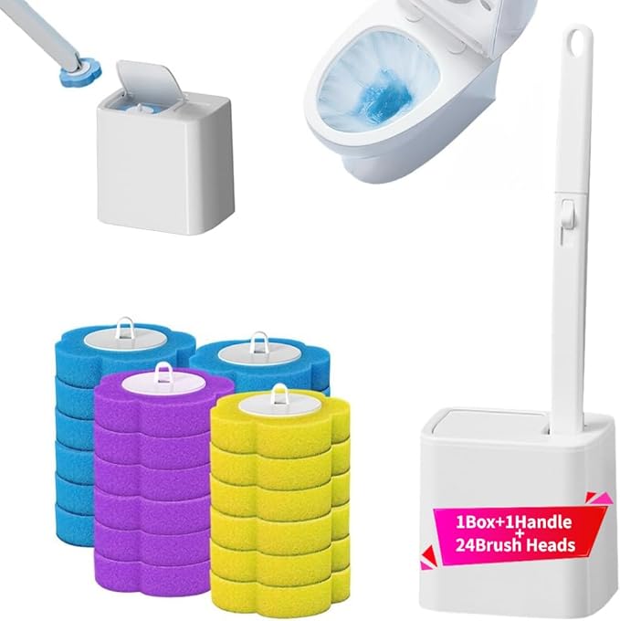 Disposable Toilet Brush with 24PCS Replaceable Heads, 2026 New Toilet Bowl Cleaning System, Deep Cleaning Bathroom Toilet Brush Holder (White)