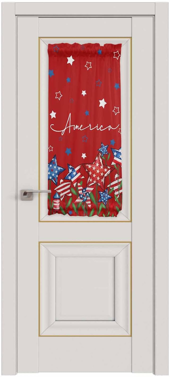 French Door Curtain Panel for Front Door, Red Blue Star American Flag Independence Day 4th of July Slidelight Door Curtains with Tieback Light Filtering Privacy Panels for Doorway Entryway 25"x 40"
