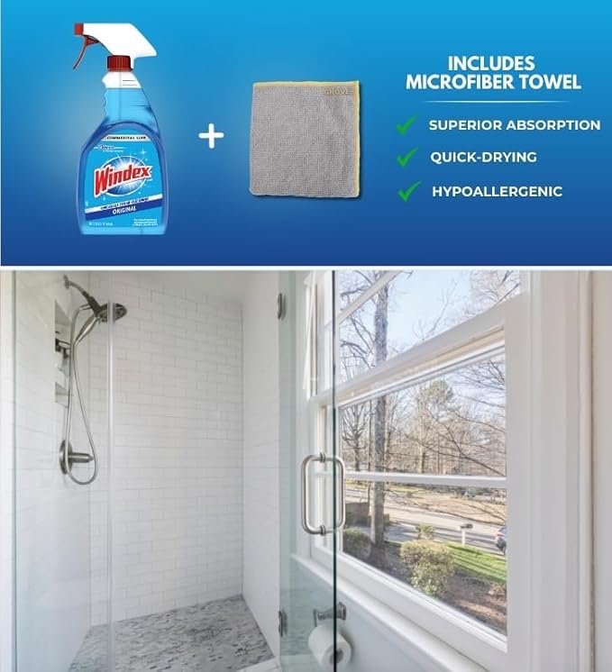 Commercial Line Glass and Surface Cleaner Spray 32 oz Bundle with Microfiber Cloth - Streak-Free Shine for Glass, Mirrors, and More - Window Cleaner with Ammonia-D Formula - (2 Items)